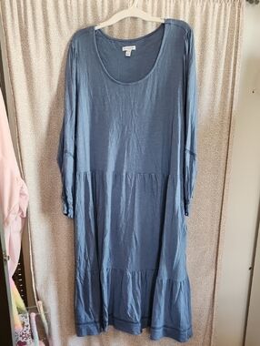 Qvc Canyon Retreat Casual Blue Tiered Long-Sleeve Dress